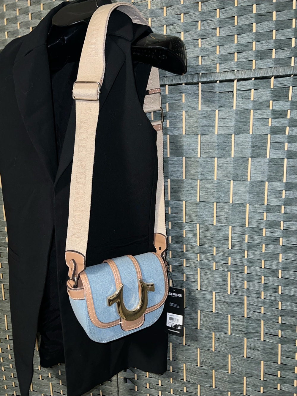True Religion Light Blue Crossbody with Beige Trim and Strap